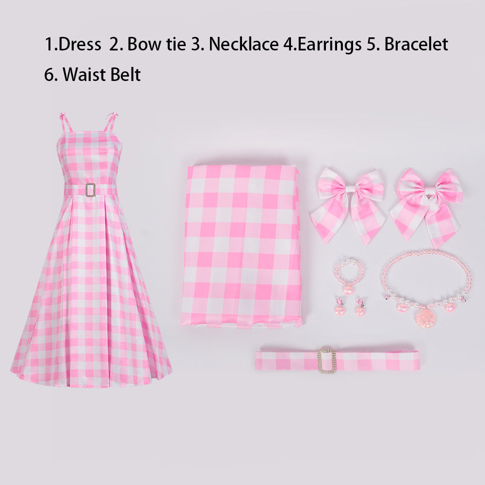 Rulercosplay Barbie Pink Plaid Skirt Cosplay Dress with Belt Halloween Costume