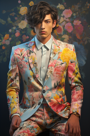 Rulercosplay Mens 2 Piece Print Suit Floral Dress Jacket Slim 2 Button Blazer Pants For Party