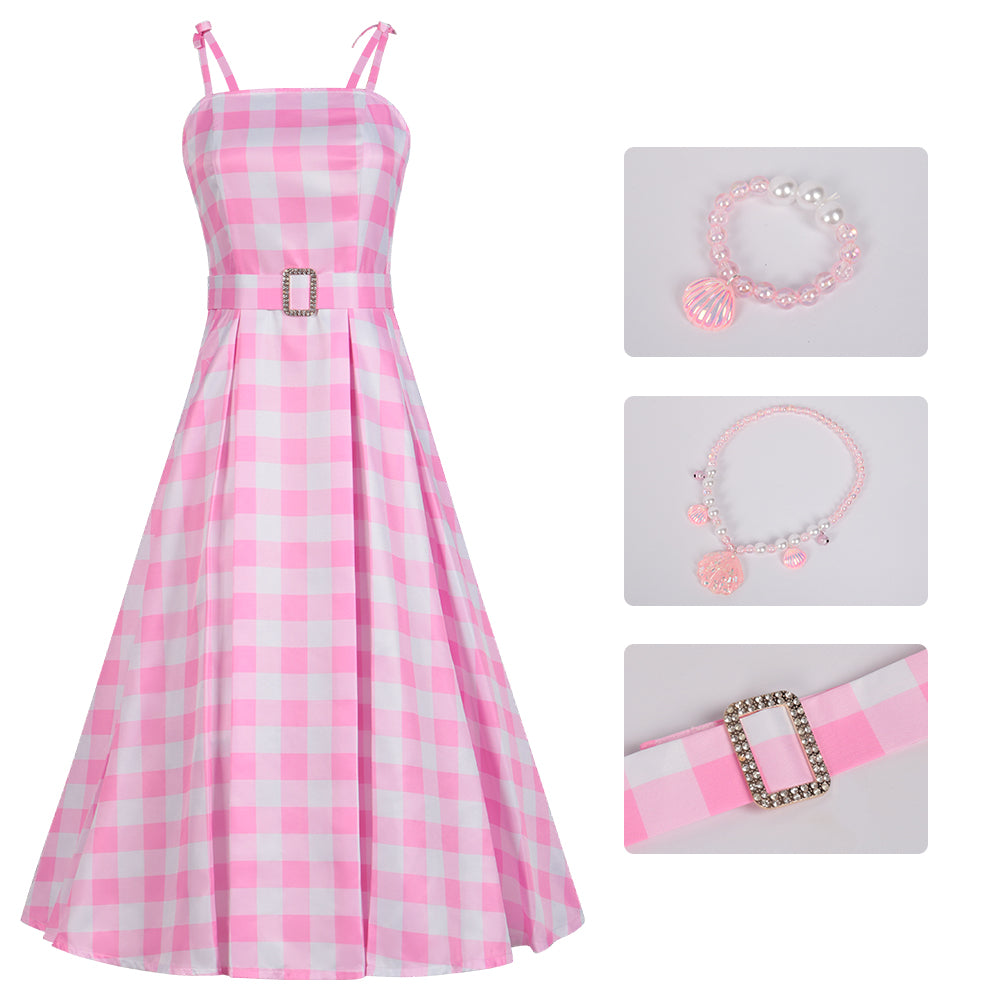 Rulercosplay Barbie Pink Plaid Skirt Cosplay Dress with Belt Halloween Costume